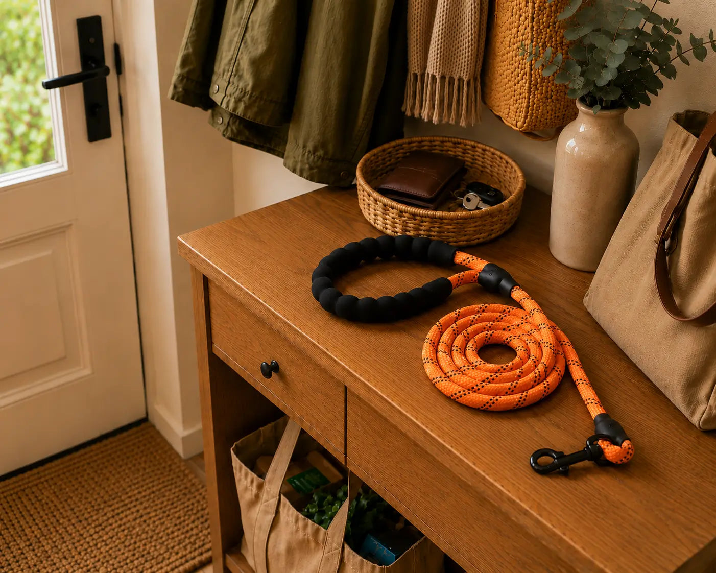 Laisse orange réfléchissante pour chien avec poignée rembourrée et corde renforcée, pensée pour améliorer la visibilité et la sécurité lors des promenades matinales ou nocturnes.