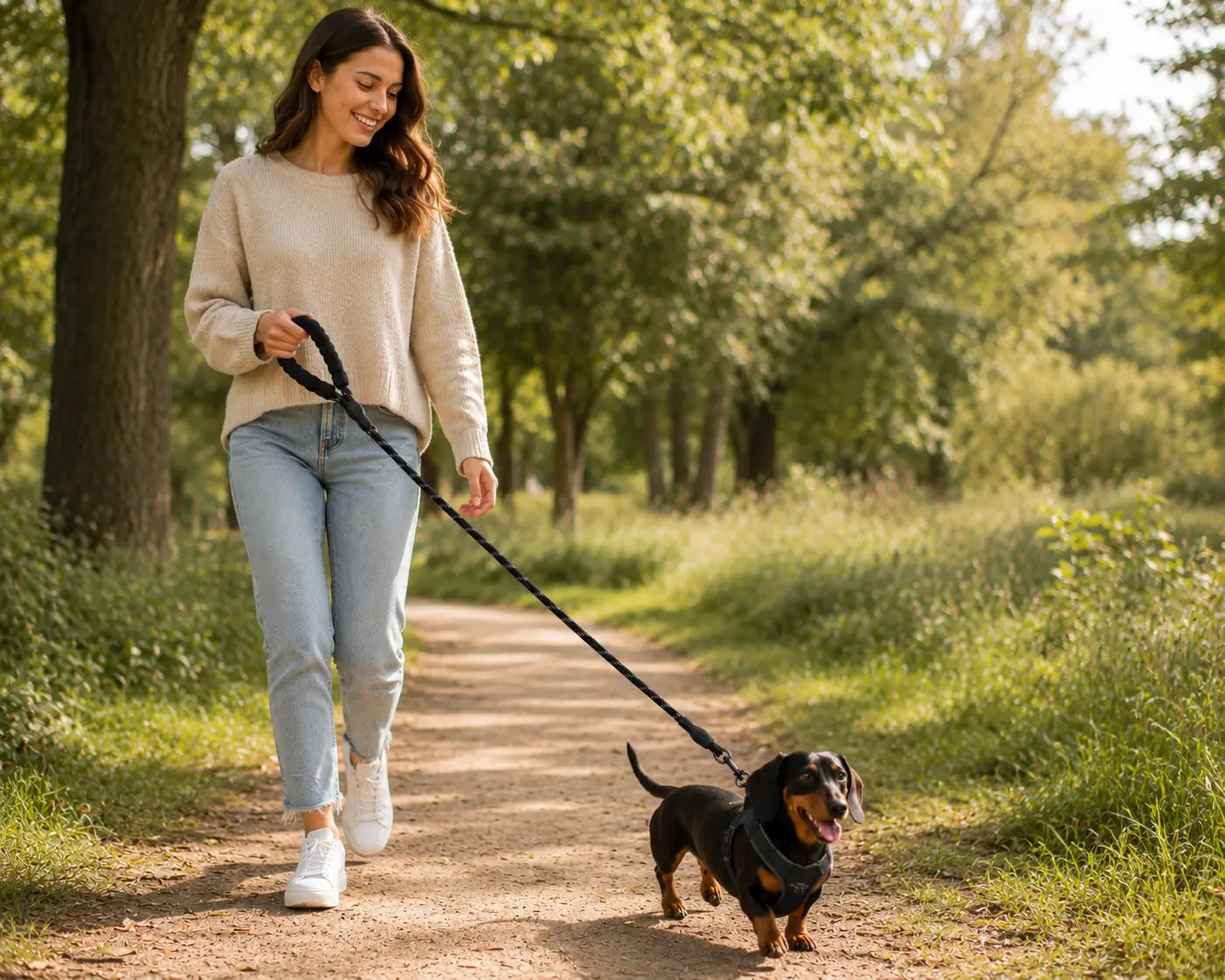 Femme promenant son chien avec une laisse noire à poignée rembourrée dans un parc, illustrant le confort, le contrôle et le plaisir des promenades quotidiennes.