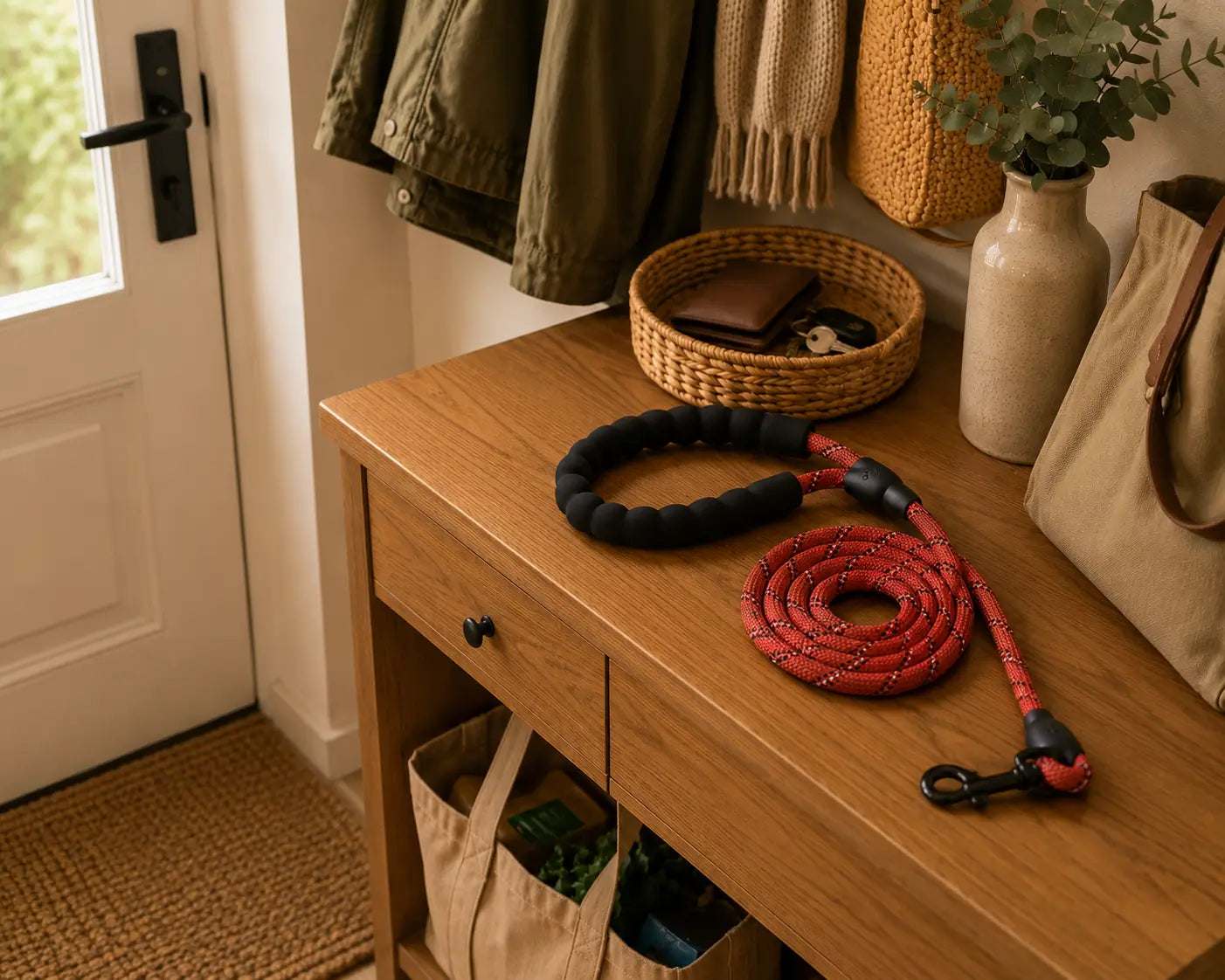 Laisse rouge pour chiot avec poignée rembourrée douce permettant d’accompagner les premières promenades et l’apprentissage de la marche en toute confiance et sans douleur pour les mains.