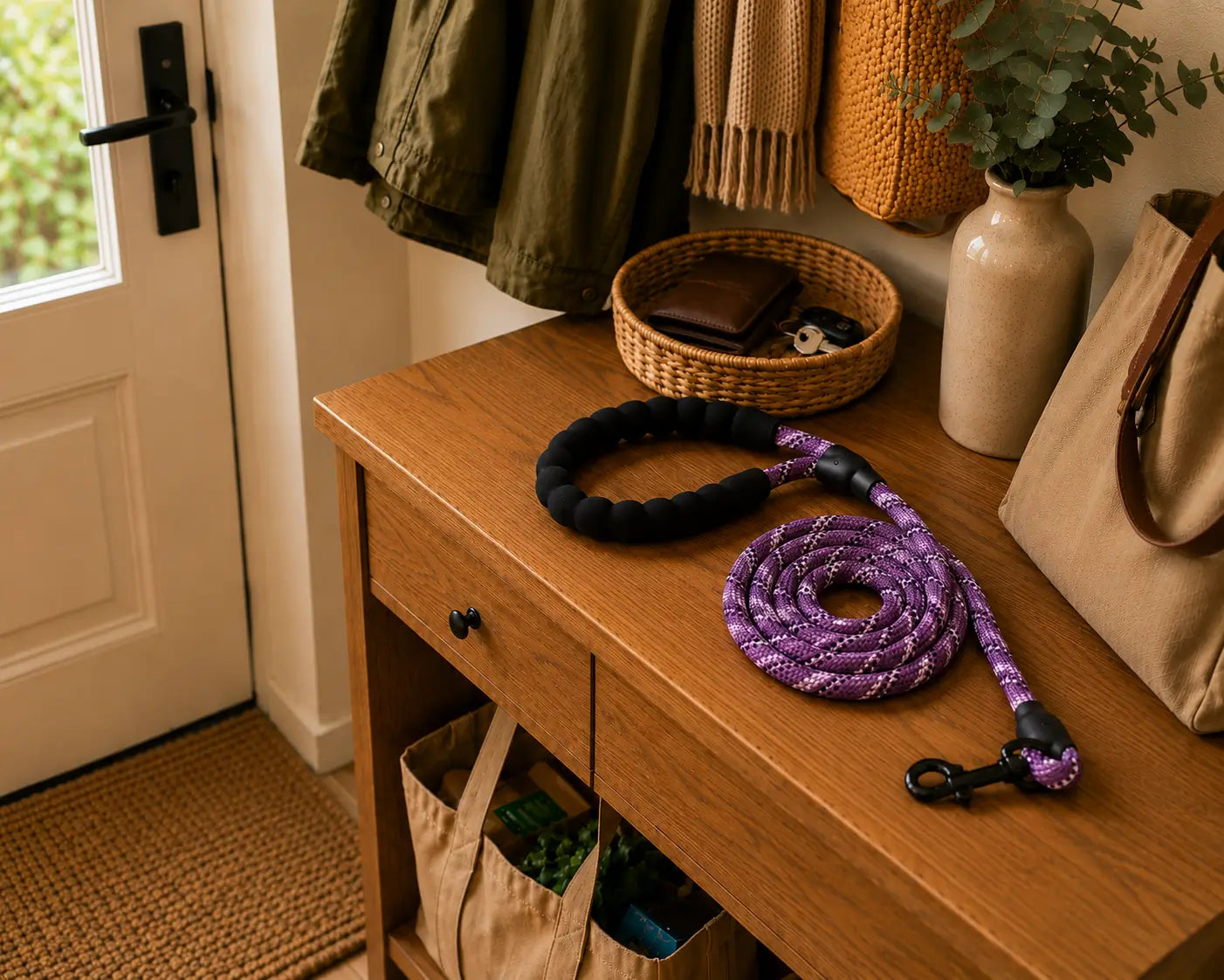 Laisse violette de dressage pour chien équipée d’un mousqueton pivotant à 360 degrés et d’une poignée rembourrée pour limiter les torsions de corde pendant la promenade.