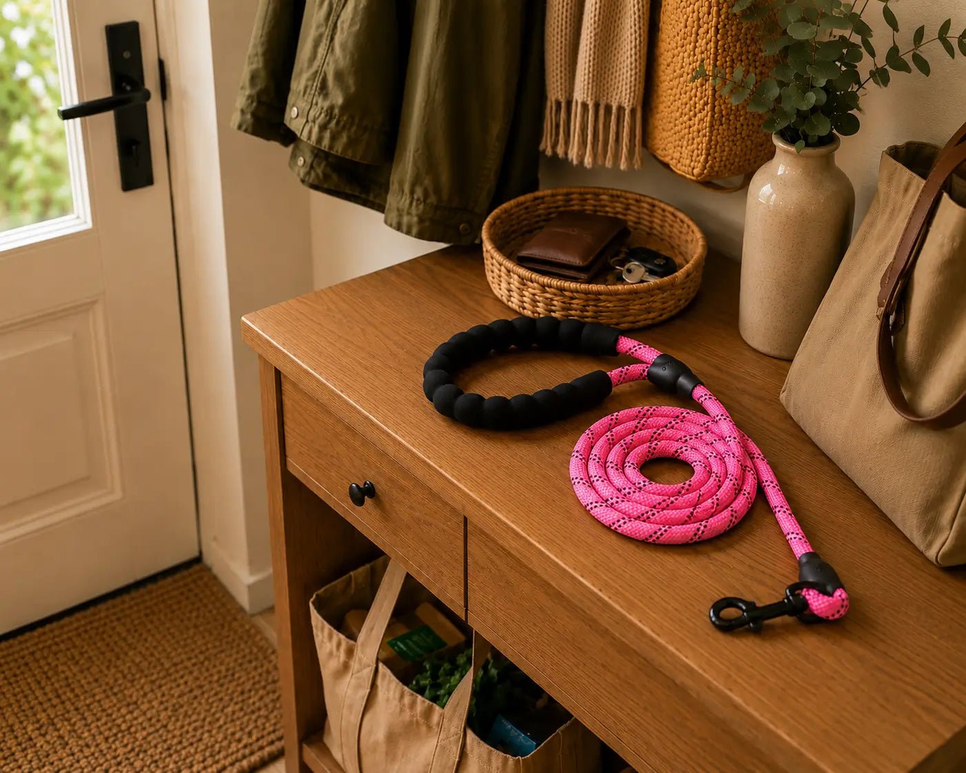 Laisse rose pour petit chien avec poignée rembourrée confortable, idéale pour profiter de promenades agréables tout en gardant un bon contrôle de son compagnon au quotidien.