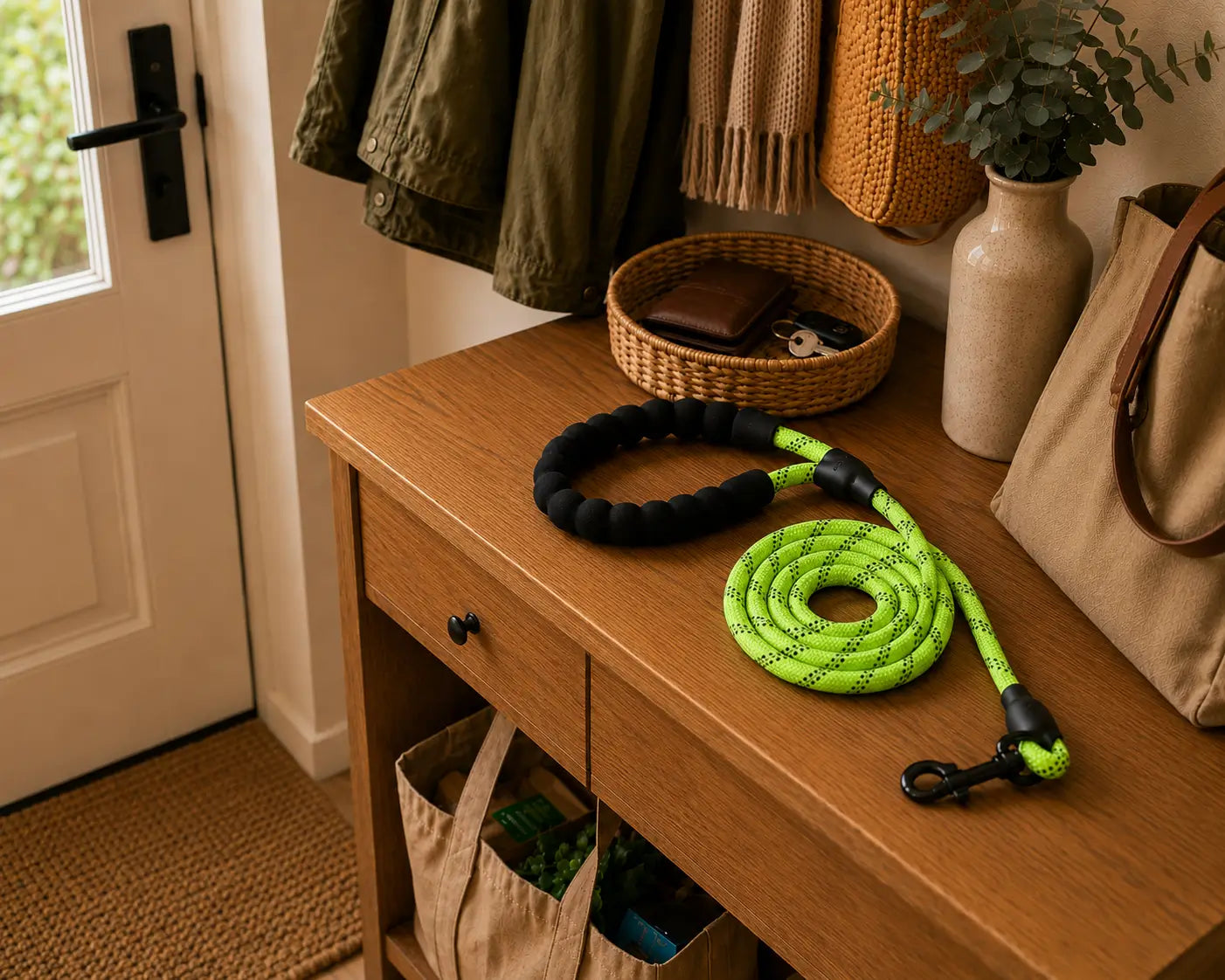 Laisse verte réfléchissante pour chien en corde nylon renforcée avec poignée rembourrée, idéale pour les promenades de jour comme de nuit grâce à sa visibilité accrue et sa prise en main confortable.