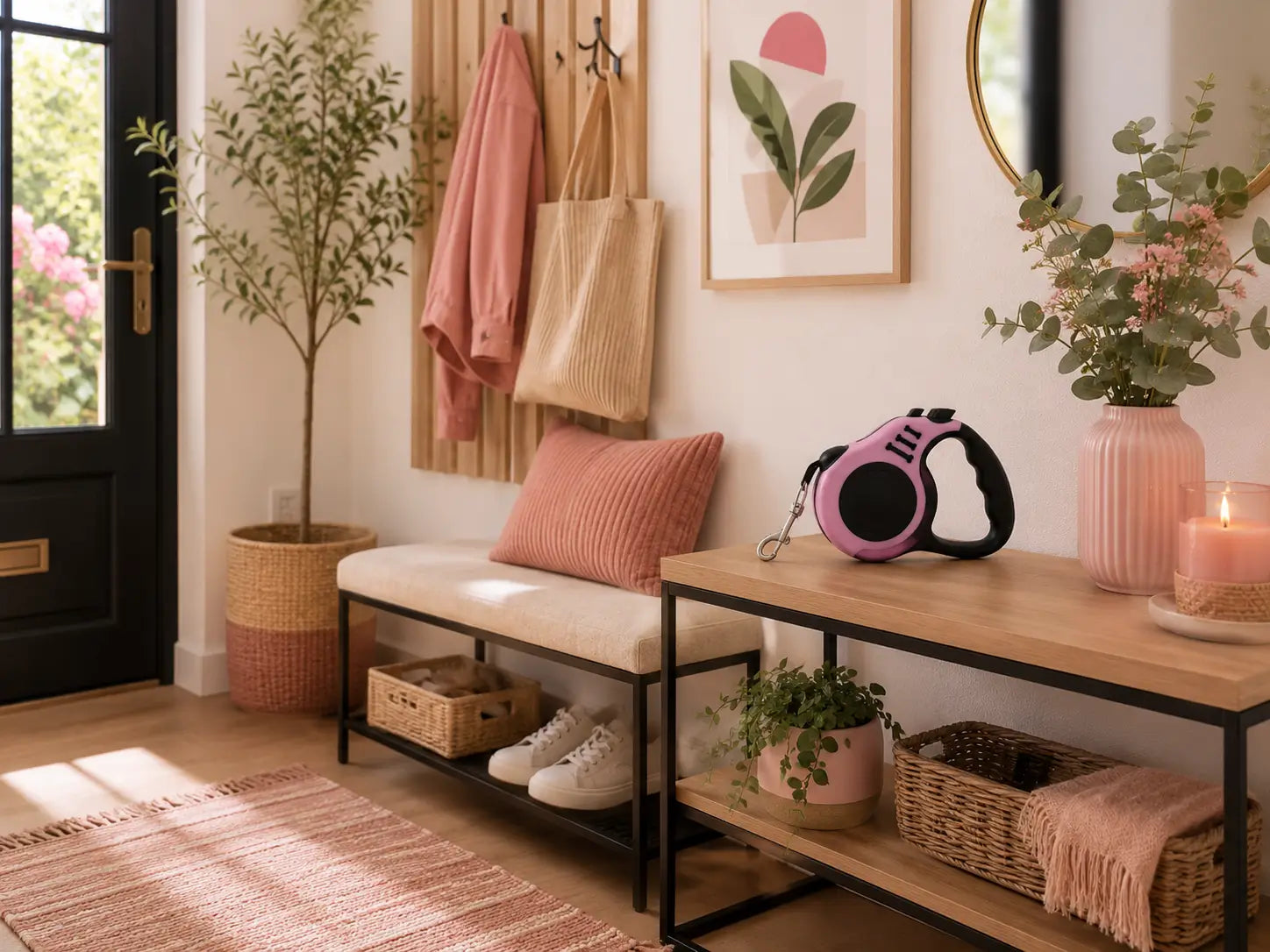 Laisse rétractable chien rose dans une entrée cosy et féminine avec ambiance lifestyle pensée pour les promenades du quotidien