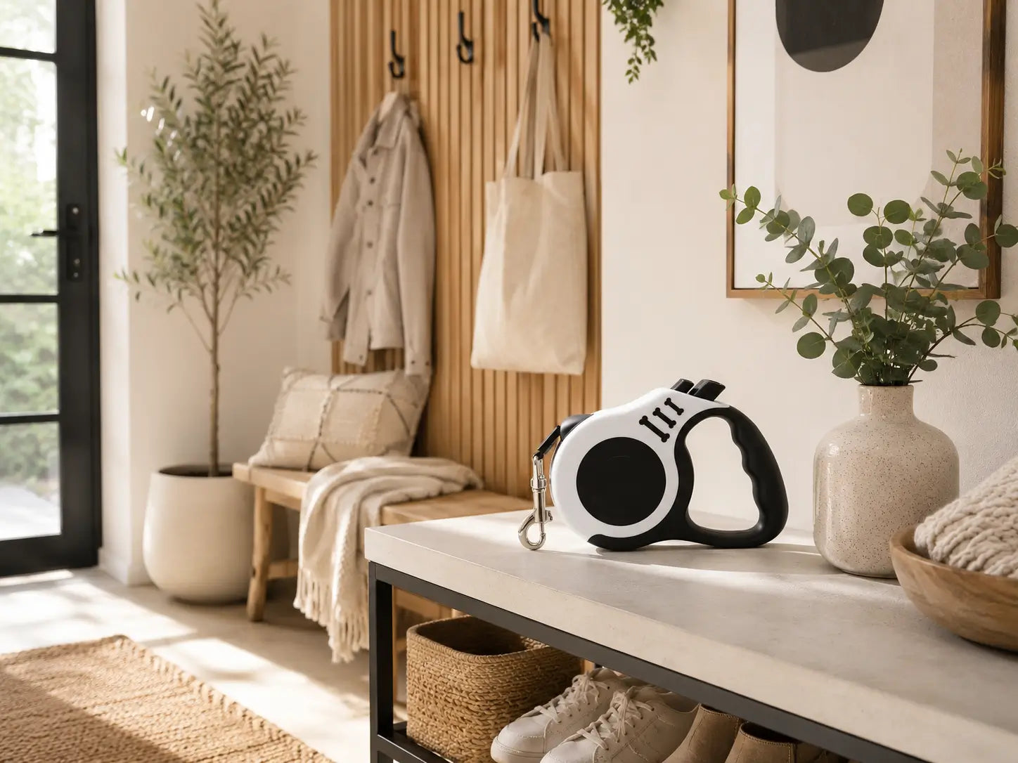 Laisse rétractable chien blanche et noire dans une entrée minimaliste premium pour des promenades simples et confortables