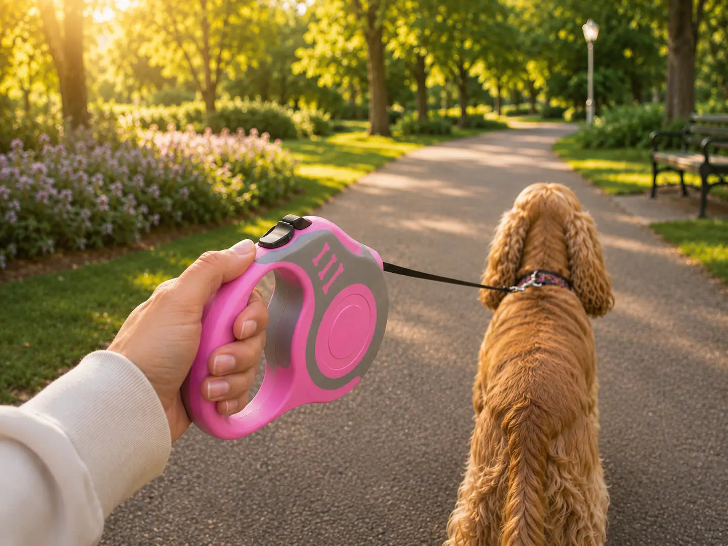 Laisse rétractable chien rose et gris utilisée pendant une promenade avec un Cocker Anglais dans un parc naturel pour des sorties plus fluides et confortables