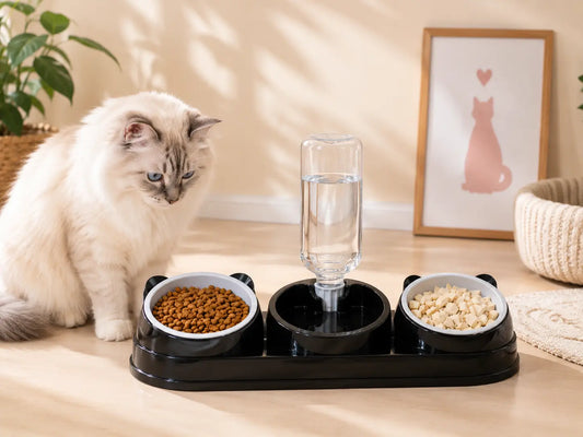 Mangeoire chat 3 en 1 noire avec distributeur d’eau automatique, deux bols alimentaires et réserve d’eau fraîche pour l’alimentation quotidienne du chat