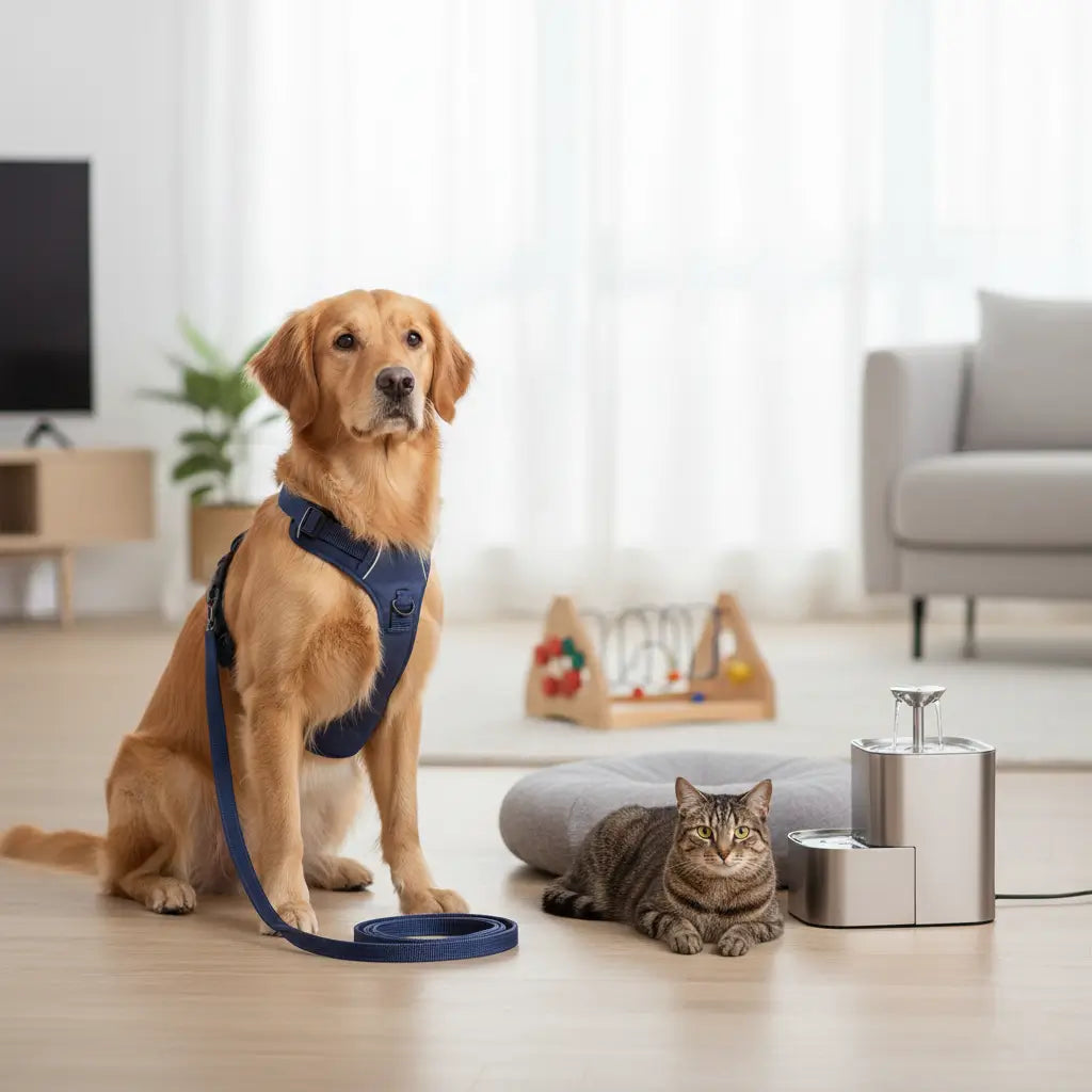 Nouveautés accessoires chien et chat 2026 organisées par usages du quotidien : promenade, confort, repas et stimulation.