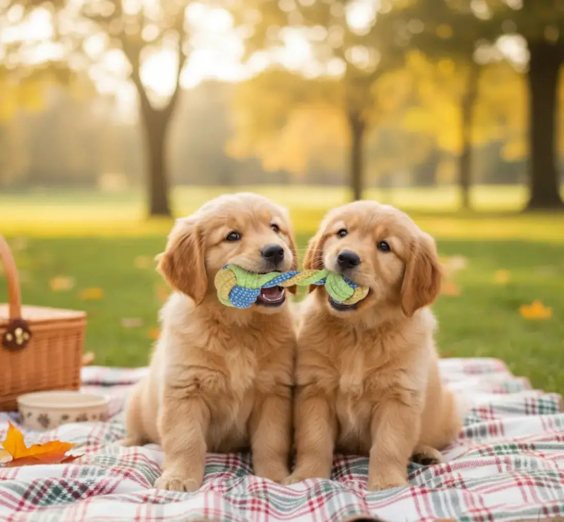 Deux chiots Golden mordillant chaque extrémité d’un os en corde, jouet antidéstructeur parfait pour chiots qui mâchent fort et aide au nettoyage des dents.