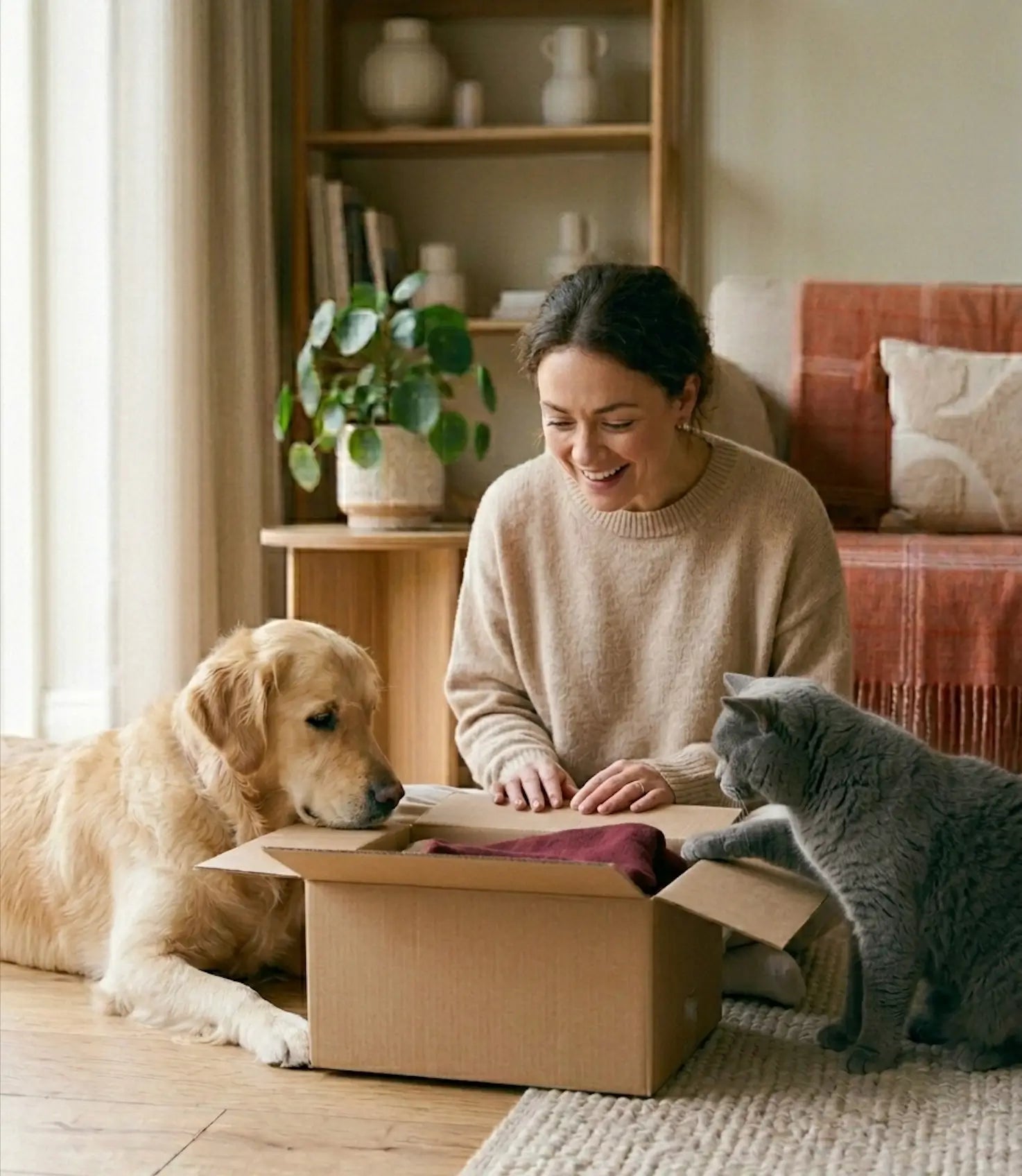 Femme souriante ouvrant un colis surprise avec son chien et son chat dans un salon cocooning, moment de découverte et de complicité avec ses animaux