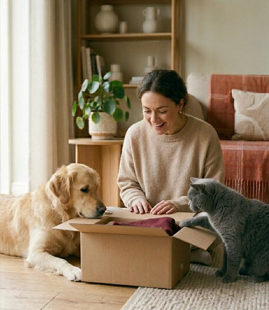 Femme souriante ouvrant un colis surprise avec son chien et son chat dans un salon cocooning, moment de découverte et de complicité avec ses animaux