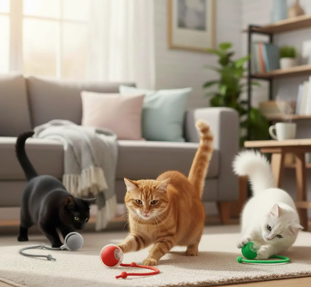 Pack de balles automatiques pour chat, trois chats d’intérieur jouent chacun avec leur balle rouge, grise et verte offerte, solution idéale pour plusieurs chats ou plusieurs pièces.