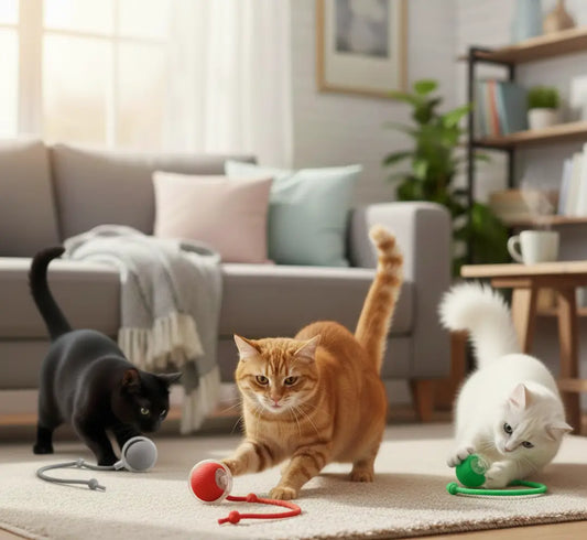 Pack de balles automatiques pour chat, trois chats d’intérieur jouent chacun avec leur balle rouge, grise et verte offerte, solution idéale pour plusieurs chats ou plusieurs pièces.