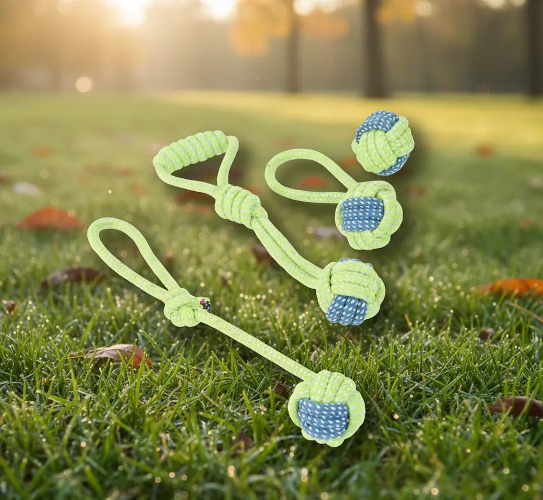 Pack Entraînement & Jeu chiot avec 4 jouets à mâcher résistants, présenté dans un parc, idéal pour stimuler un chiot, jouer et réduire le mordillement.