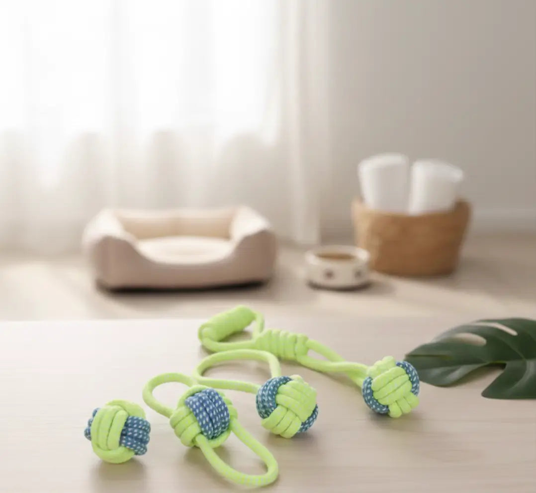Pack Mastication & Dentaire avec 4 jouets en corde tressée, posé dans un intérieur cosy, conçu pour nettoyer les dents, apaiser les gencives et occuper le chiot.