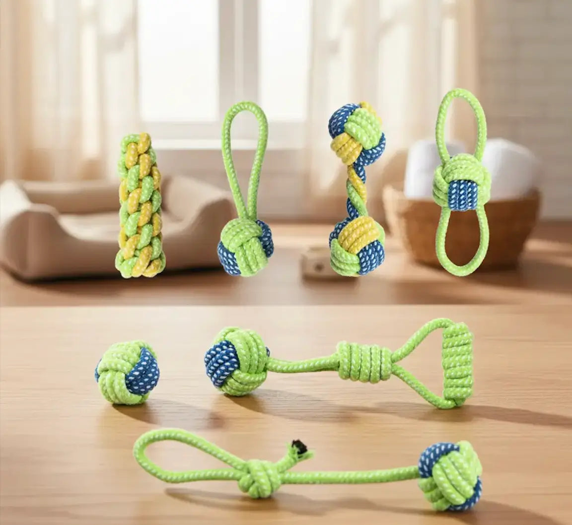 Pack Premium chiot comprenant 7 jouets à mâcher durables en coton tressé, présenté en intérieur cosy, parfait pour chiots destructeurs et hygiène bucco-dentaire.