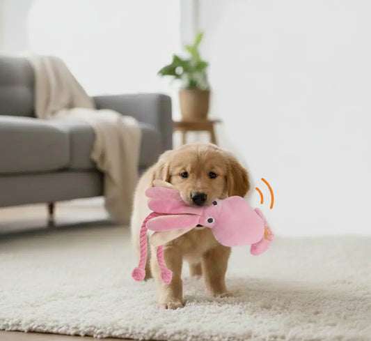 Chiot Golden Retriever jouant avec une peluche dentaire chiot type doudou en forme de poulpe, jouet masticatoire doux qui apaise pendant la dentition