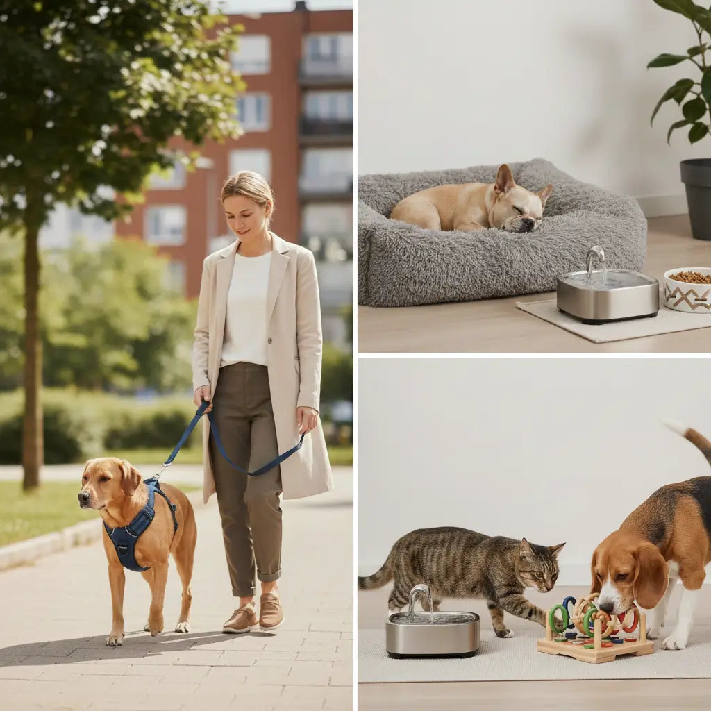Promotions accessoires chien et chat organisées par usages du quotidien : promenade avec harnais, couchage confortable, repas apaisé et jeux interactifs pour le bien-être animal.