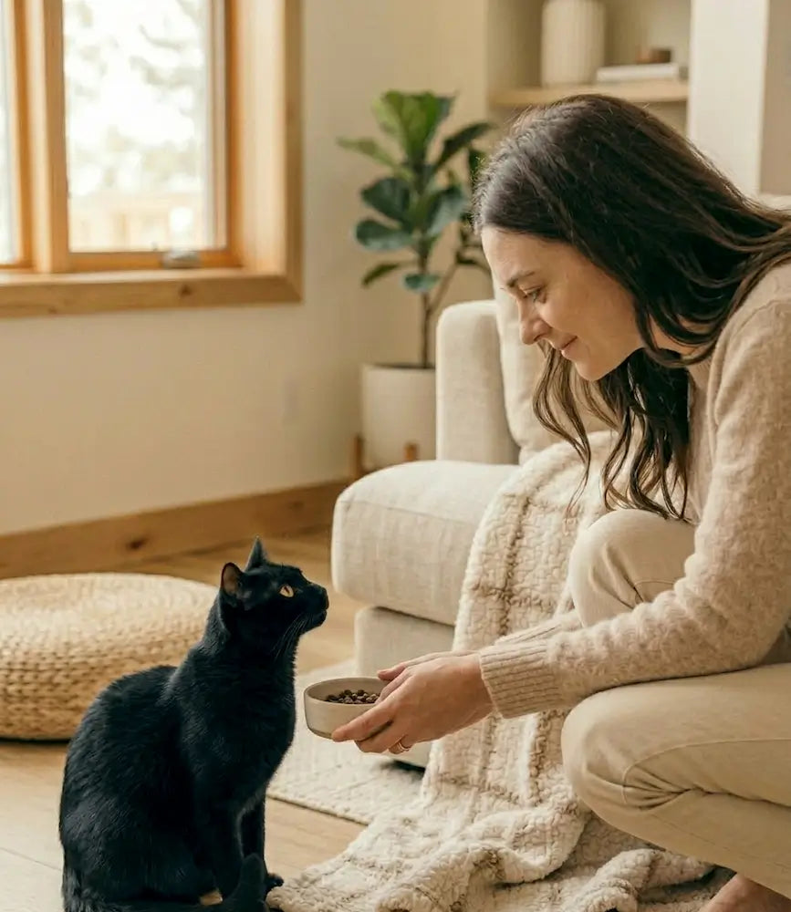 Pet parent nourrissant un chat noir dans un intérieur chaleureux, illustration de la protection animale et du soin apporté aux animaux chez Miaou Toutou