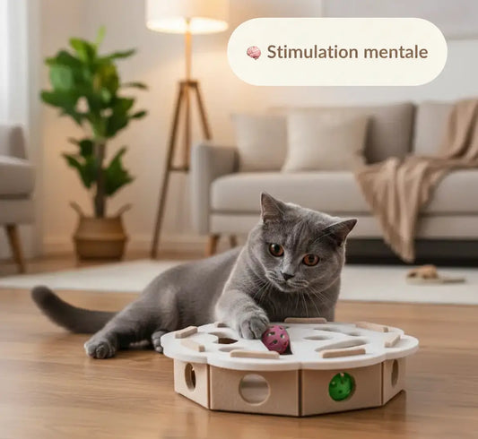 Puzzle interactif pour chat d’intérieur avec un British Shorthair jouant seul à un jeu d’intelligence anti-ennui à la maison