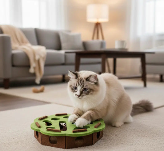 Puzzle interactif pour chat d’intérieur avec un Ragdoll jouant calmement à un jeu de réflexion favorisant la stimulation mentale