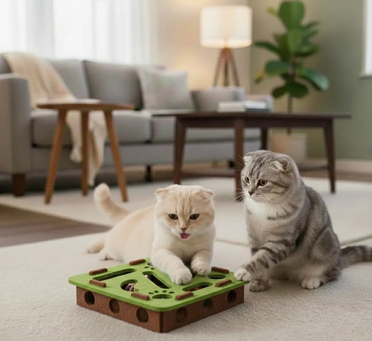 Puzzle interactif pour chat avec deux Scottish Fold jouant ensemble à un jeu d’intelligence stimulant la concentration et la coordination