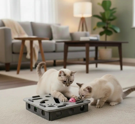 Puzzle interactif pour chat d’intérieur avec deux Siamois concentrés sur un jeu cognitif qui stimule la réflexion et réduit l’ennui