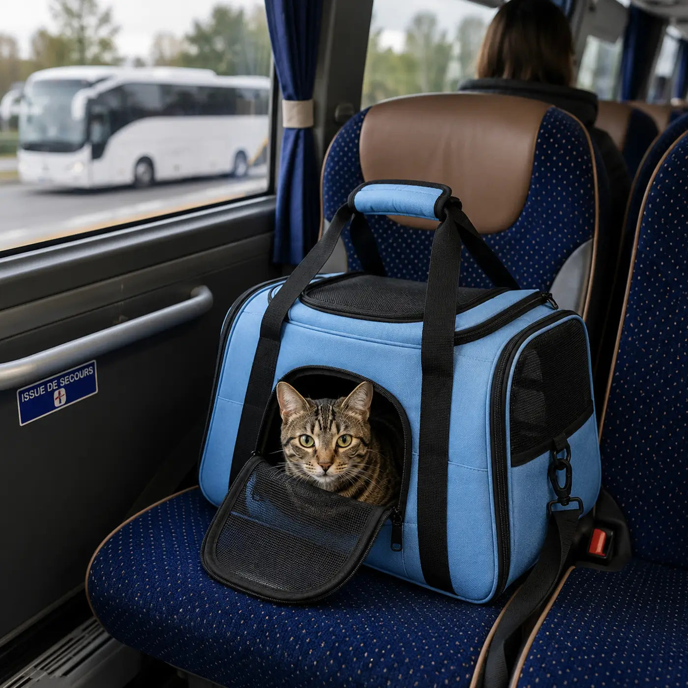Sac transport chat respirant dans un car pour voyager confortablement avec son compagnon lors de longs trajets