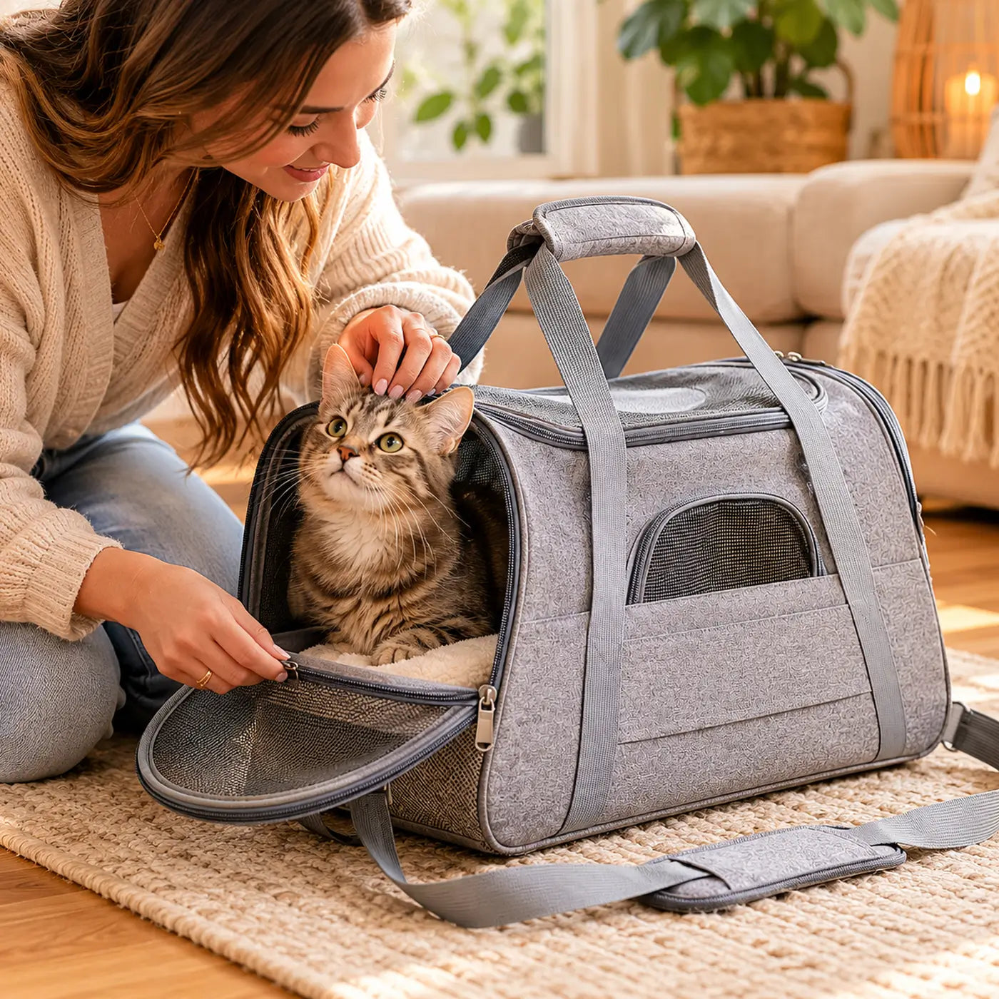 Sac transport chat respirant avec matelas confortable pour habituer son chat aux voyages, déplacements et visites chez le vétérinaire