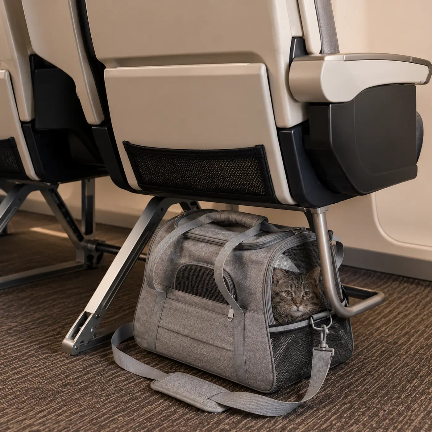 Sac transport chat respirant conçu pour être placé sous un siège lors des trajets et déplacements avec son compagnon