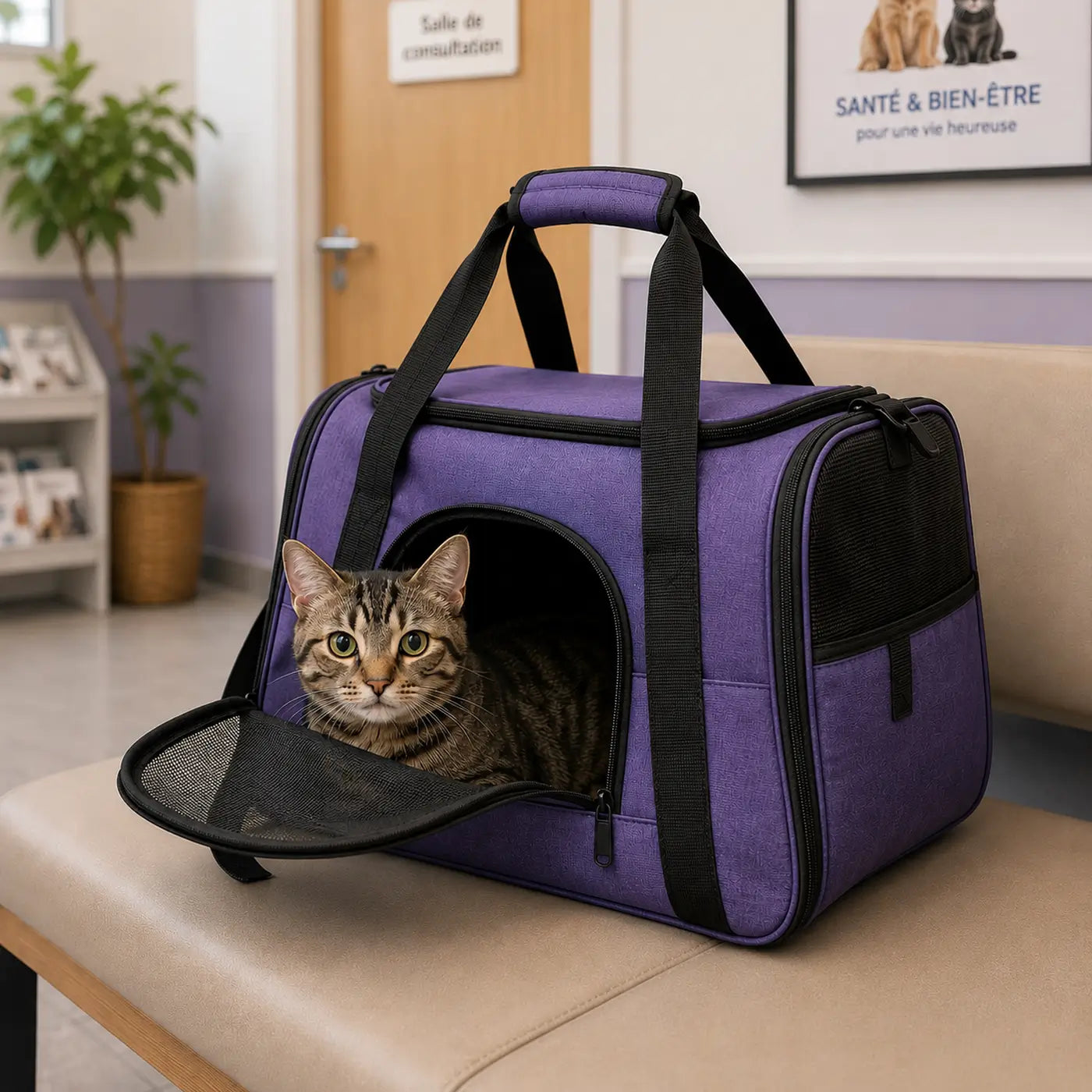 Sac transport chat utilisé pour les visites chez le vétérinaire afin de limiter le stress et rassurer son compagnon