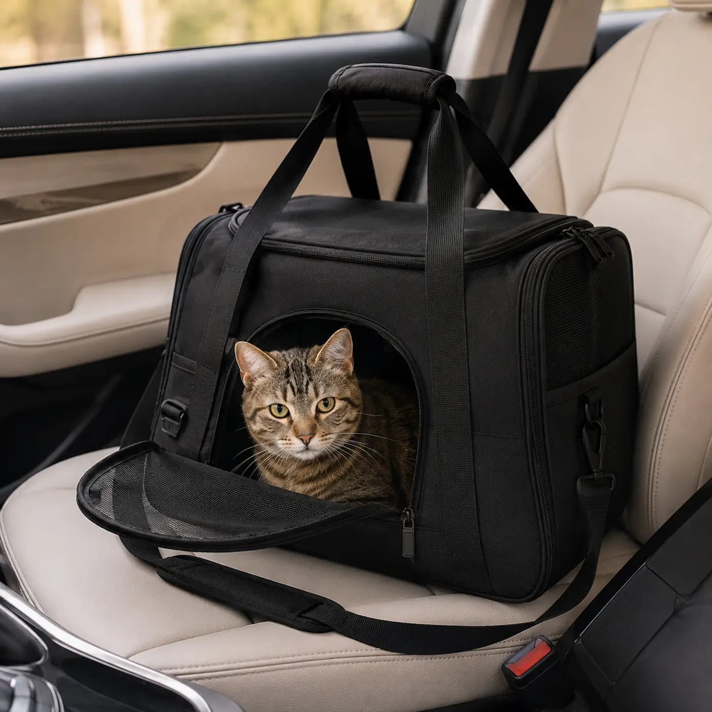 Sac transport chat noir installé sur un siège de voiture pour des trajets plus confortables, sécurisés et rassurants