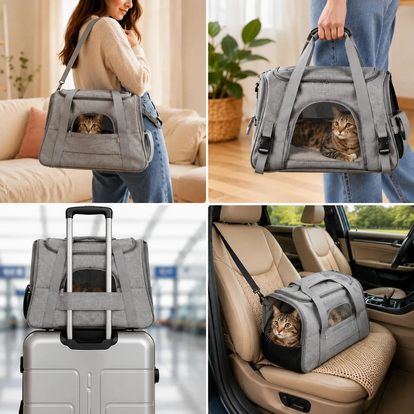 Sac transport chat respirant utilisable à la main, à l’épaule, sur une valise ou en voiture pour voyager facilement avec son chat