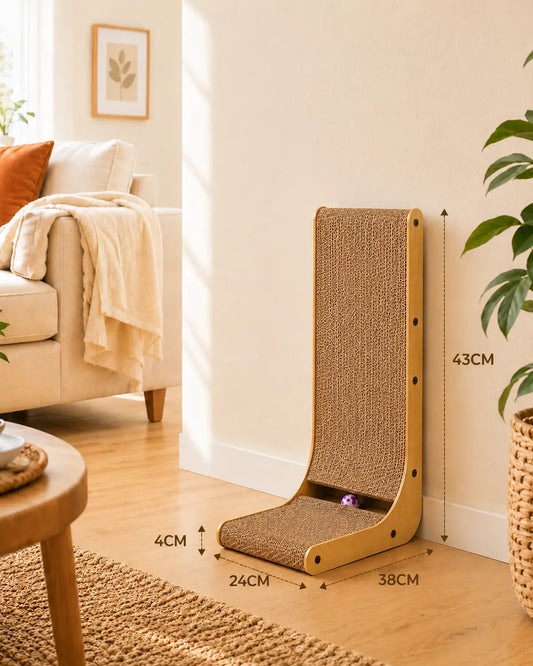 Dimensions du modèle M de griffoir pour chat en forme de L adapté aux petits espaces et aux chats de petit à moyen gabarit