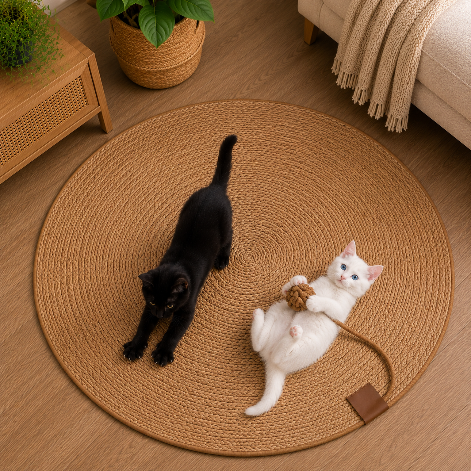 Tapis griffoir chaton avec deux chatons à la maison : un fait ses griffes tandis que l’autre joue avec la balle suspendue pour se dépenser et éviter l’ennui 