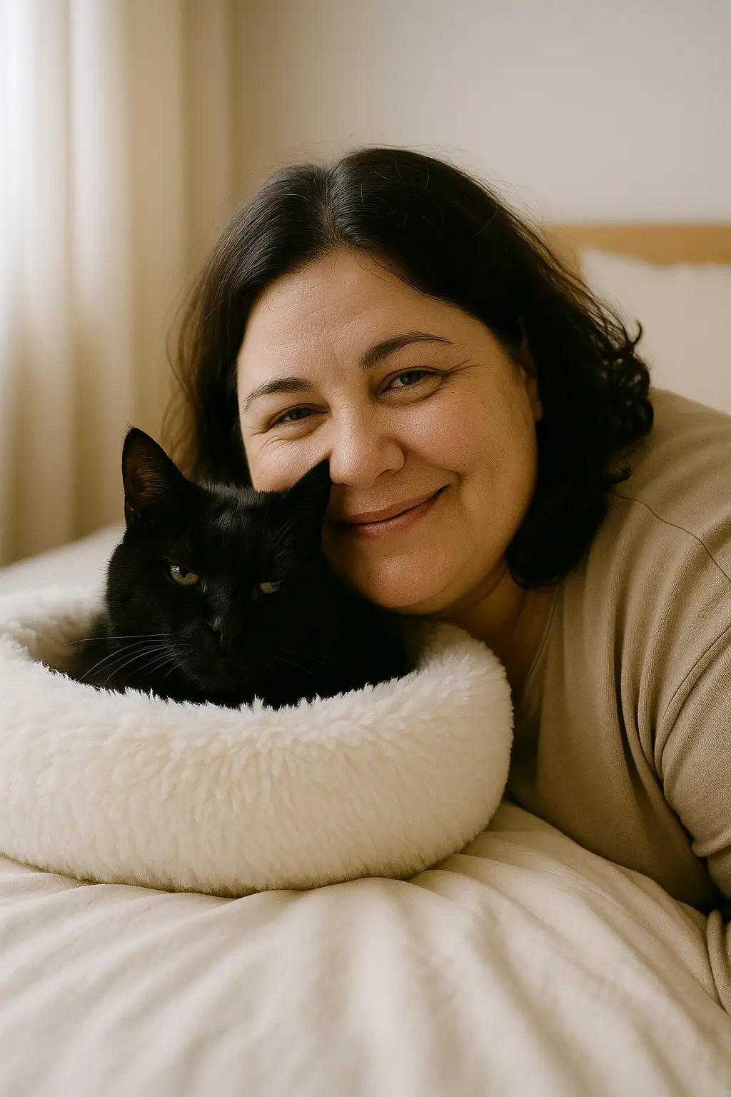Témoignage panier orthopédique pour chat senior : couchage moelleux et confortable qui soulage les articulations, réduit les douleurs et favorise un sommeil réparateur.