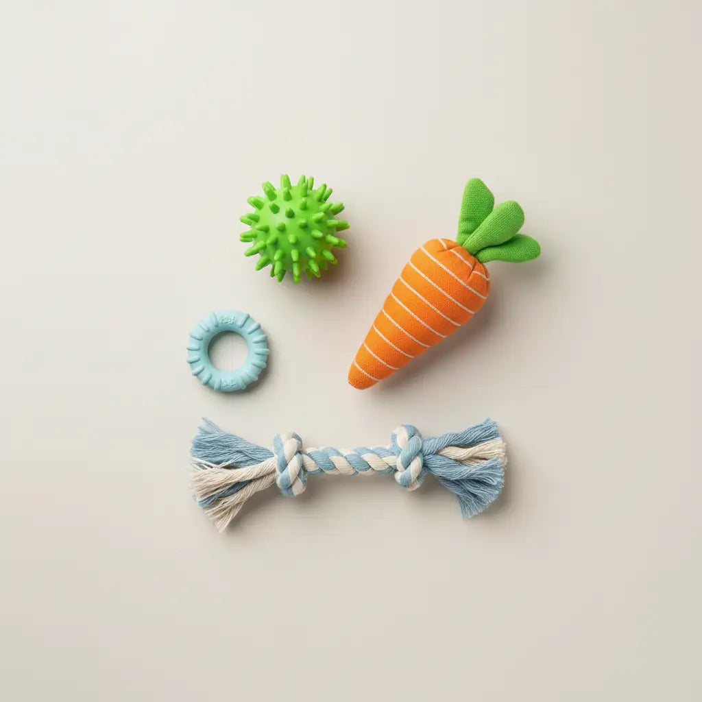 Guide des types de jouets dentaires pour chien : jouet à picots, anneau de dentition pour chiot, jouet en caoutchouc pour chien destructeur, corde dentaire, peluche en forme de carotte