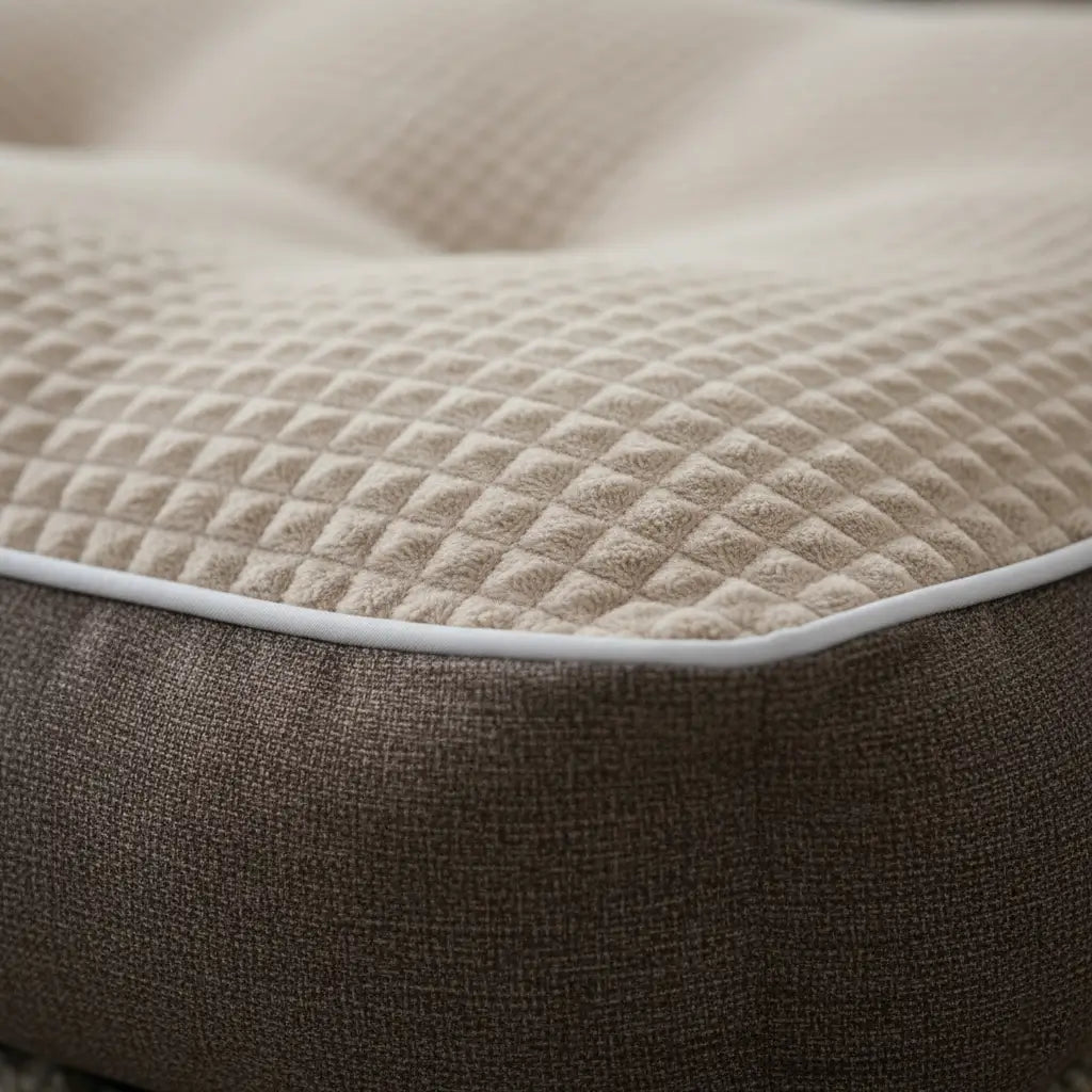 Zoom sur la matière du coussin chien indestructible : tissu ultra résistant, anti-déchirure et anti-griffes, conçu pour chiens destructeurs. Surface solide et durable.